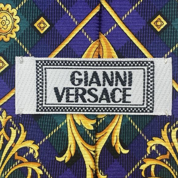 Vintage Versace Tie Mens Silk Purple Gold Plaid Baroque Print Necktie Designer - Picture 2 of 13
